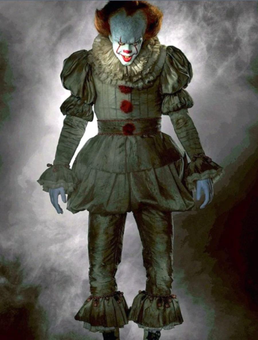 Повний образ клоуна Пеннівайза: сірий костюм із червоними помпонами та жабо